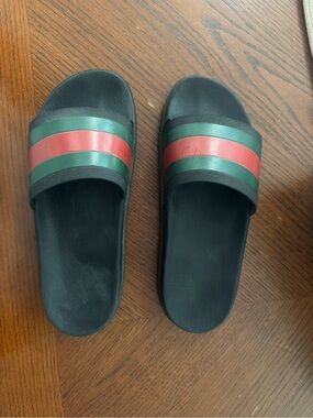 Gucci Black Slides with Green and Red Stripes